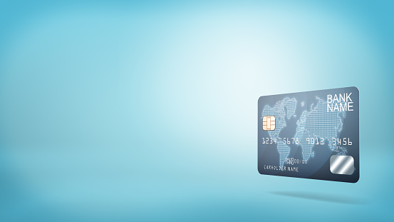 3d rendering of a single blue plastic banking card with generic name information on a blue background. Banking services. Credit and debit card. Online shopping tools.