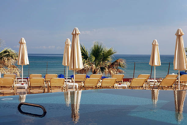 Rethymnon Greece - Luxurious open air swimming pool stock photo