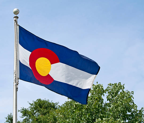 istock The Colorado State flag in front of a tree and a blue sky 91836413