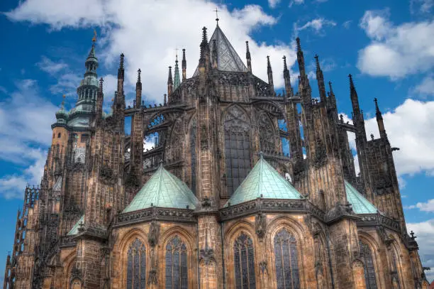 Scenic summer panorama of the Old Town architecture with Vltava river and St.Vitus Cathedral in Prague, Czech Republic