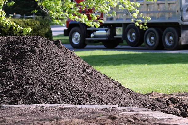 Large Dump Truck leaves residential property after delivering pile of topsoil - foreground focus with deliberate background blur.