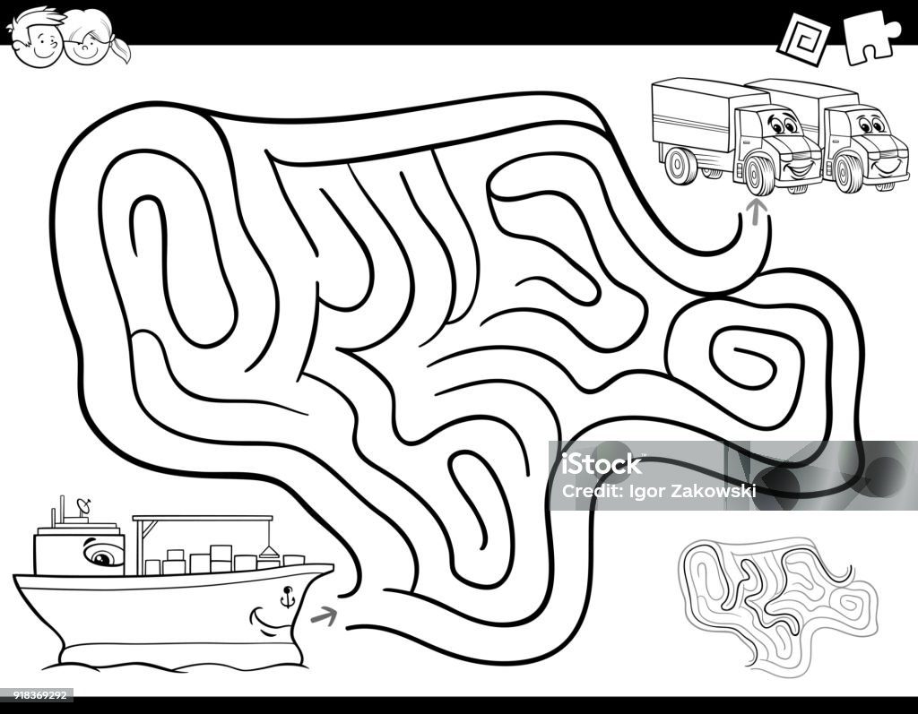 maze game coloring book with ship and trucks Black and White Cartoon Illustration of Education Maze or Labyrinth Activity Game for Children with Container Ship and Trucks Coloring Book Black And White stock vector