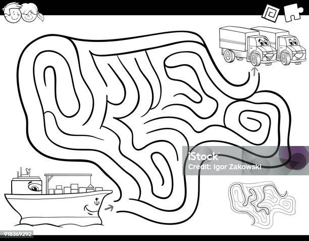 Maze Game Coloring Book With Ship And Trucks Stock Illustration - Download Image Now - Black And White, Child, Maze