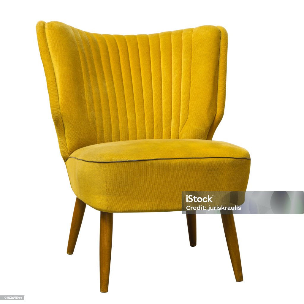 Vieja vintage silla amarillo aislada en blanco - Foto de stock de Amarillo - Color libre de derechos