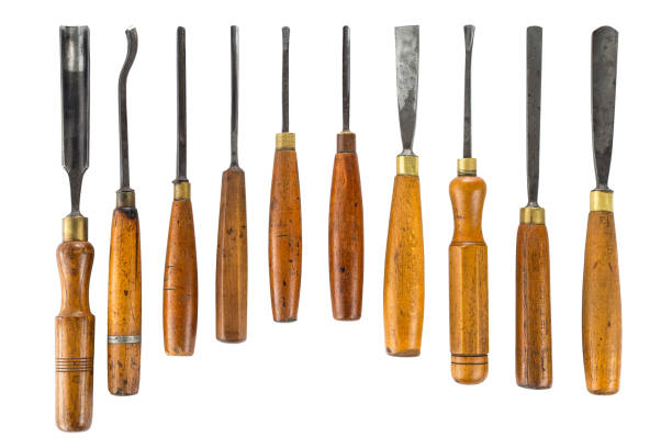 istock Set of wood chisel for carving wood, sculpture tools on white background 918369920
