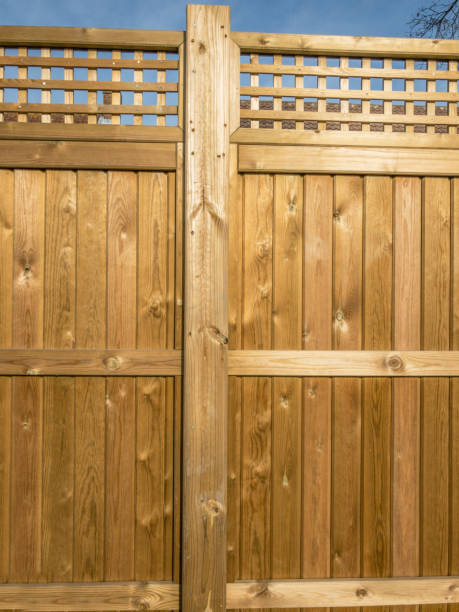 istock Wooden fence panelling which is sunlit 918374670