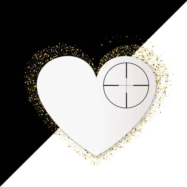 Vector illustration of Happy Valentines Day Card with Gold Glittering Star Dust Heart, Golden Sparkles on Black and White Background, Heart At Gunpoint