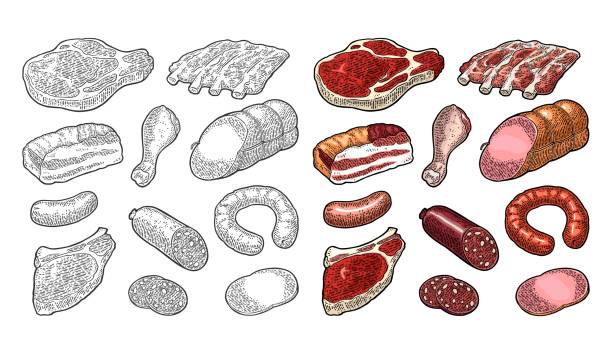 zestaw produktów mięsnych. vintage czarny wektor grawerowanie ilustracji. ja - meat steak sausage salami stock illustrations