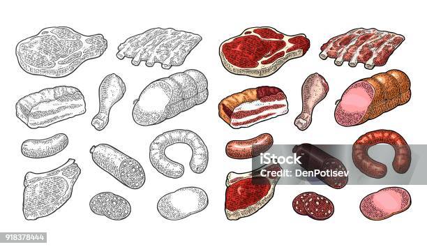 Set Meat Products Vintage Black Vector Engraving Illustration I Stock Illustration - Download Image Now