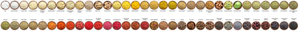 large set of spices isolated on white. collection seasonings in cups - mixed herbs imagens e fotografias de stock