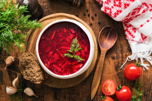 istock Ukrainian Borscht in bowl on wooden table 918381804
