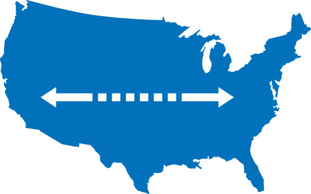 USA Map With Double Arrow Vector illustration of a blu USA map with a dashed two ended white arrow on it. double arrow chart stock illustrations