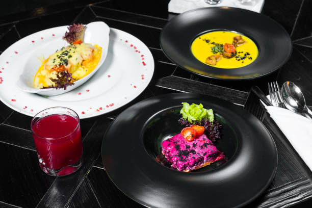 istock Set dinner of three courses. Chef's specialty presented in restaurant on served table. Clouse up. 918396166