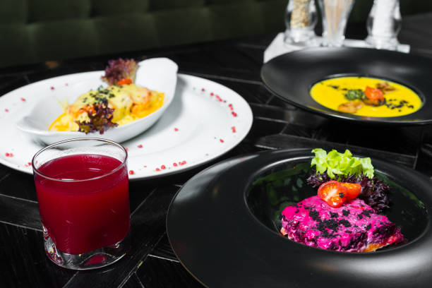 istock Set dinner of three courses. Chef's specialty presented in restaurant on served table. Clouse up. 918396440