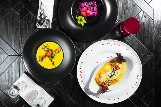 istock Set dinner of three courses. Chef's specialty presented in restaurant on served table. Clouse up. 918399338