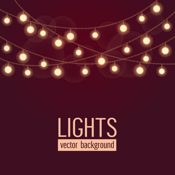 Set of glowing string lights on dark red background. Vector illustration Set of glowing string lights on dark red background. Vector illustration. string light stock illustrations