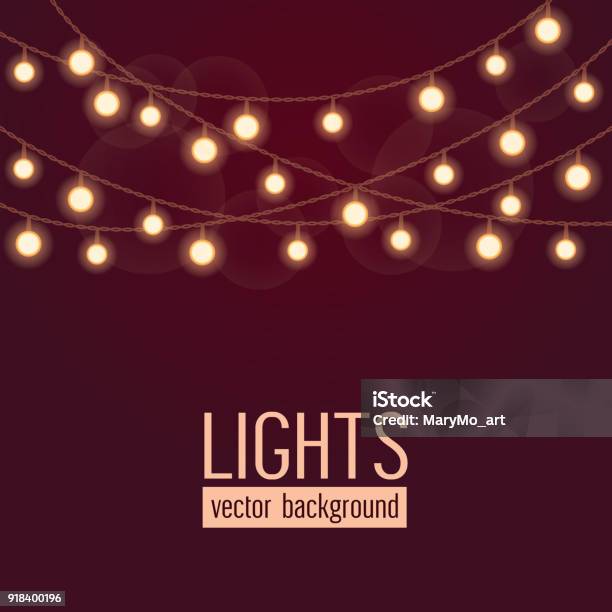 Set Of Glowing String Lights On Dark Red Background Vector Illustration Stock Illustration - Download Image Now