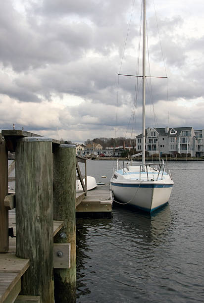 istock Sailing boat near a wood wharf 91840725