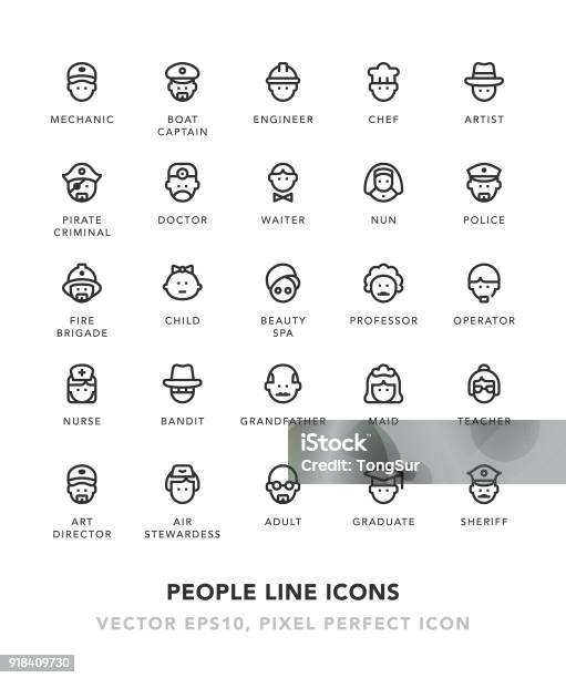 People Line Icons Stock Illustration - Download Image Now - Icon Symbol, Various Occupations, Cap - Hat