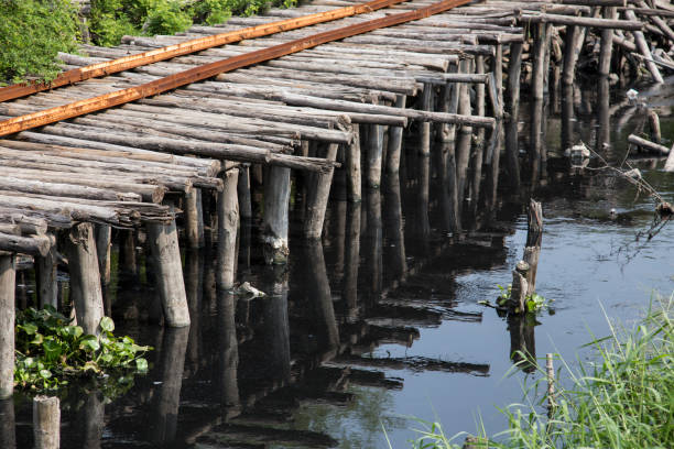 istock remainder brake wood bridge on waste water river 918410738
