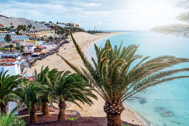 vista ad alta angolazione sulla città di morro jable sull'isola di fuerteventura con spiaggia e oceano - fuerteventura foto e immagini stock