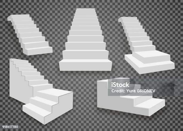 White Stairs 3d Staircases Set Isolated On Transparent Background Stock Illustration - Download Image Now