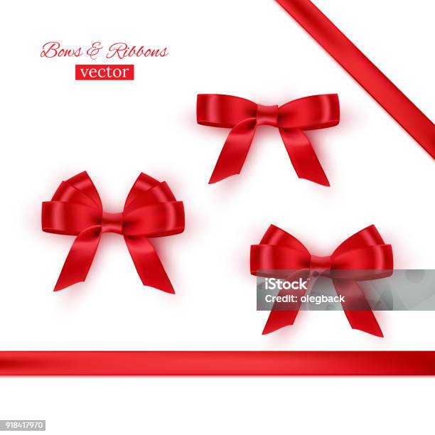 Red Bows And Ribbons Vector Realistic Design Elements Set Stock Illustration - Download Image Now