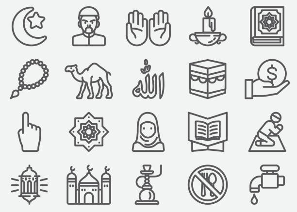 islam islamische ramadan arabischen religionen linie symbole - pilgrimage stock-grafiken, -clipart, -cartoons und -symbole