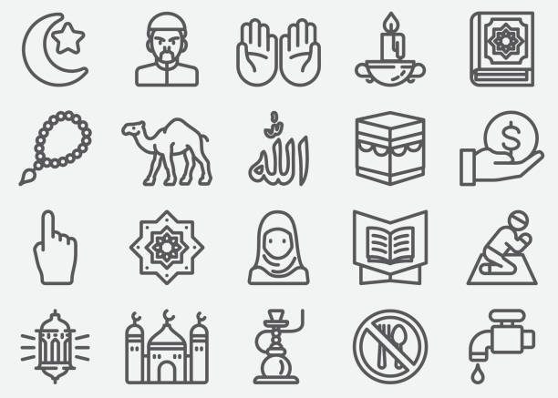 illustrazioni stock, clip art, cartoni animati e icone di tendenza di islam islamic ramadan arabian religions line icons - islam women men arabia