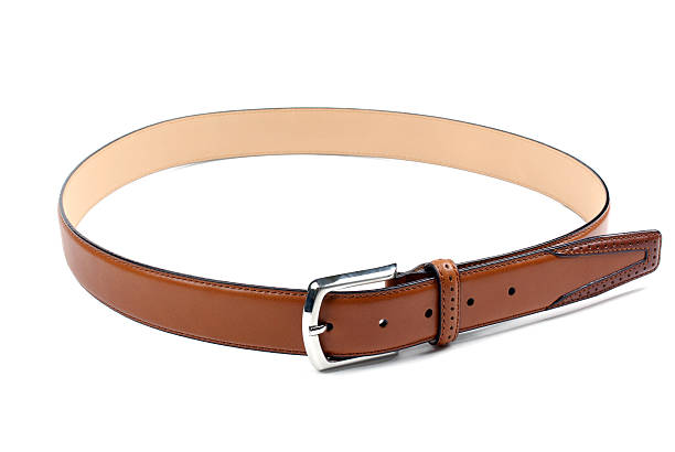 istock High quality brown leather belt isolated on white background. 91841837