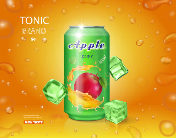 Alumimium tin of apple juice. Fruit drink advertising vector design Alumimium tin of apple juice. Fruit drink advertising vector design. beer brands stock illustrations
