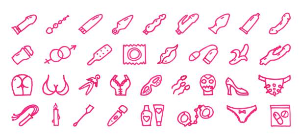 ilustrações de stock, clip art, desenhos animados e ícones de sex hand drawn icons set - bondage women fetish wear men