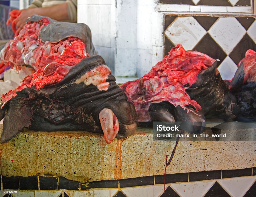 Souq, the Butcher's. Morocco Cattle heads at the butscher's in a Moroccan Souq. Morocco Stock Photo