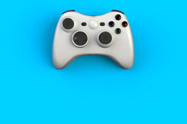 istock Computer game competition. Gaming concept. White joystick isolated on blue background, 3D rendering 918431280