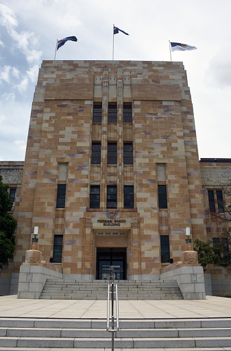 The Forgan Smith Building at the University of Queensland's St Lucia Campus in Brisbane. Constructed of Helidon sandstone in the late 1930s, it was the first major structure on the campus when it moved from inner Brisbane. It is named for the then Premier of Queensland William Forgan Smith.