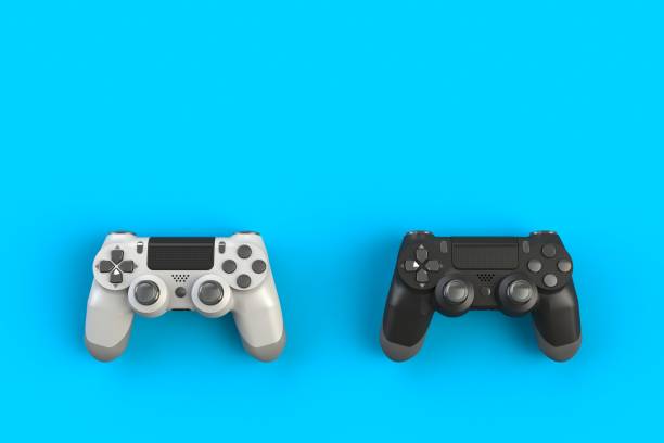 istock Computer game competition. Gaming concept. White and black joystick isolated on blue background, 3D rendering 918434314