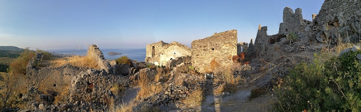 Cirella, Cosenza, Calabria, Italy - August 25, 2017: Panoramic photo of the ruins of the medieval castle of Cirella