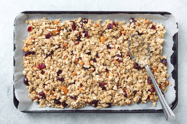 Homemade granola on baking sheet