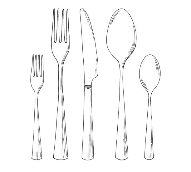 ilustraciones, imágenes clip art, dibujos animados e iconos de stock de juego de cubiertos. bosquejo. ilustración de vector - spoon silverware fork table knife