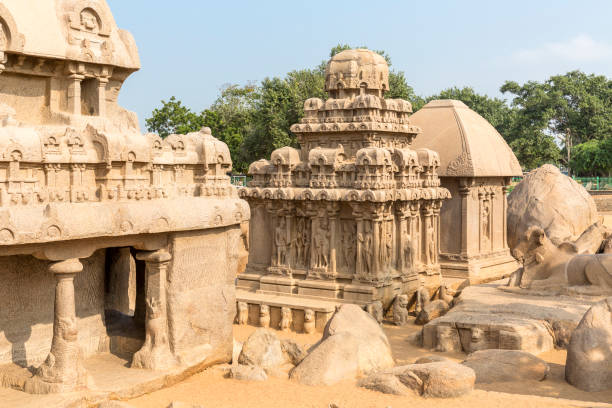 The Five Rathas, Arjuna ratha, Draupadi ratha, Mahabalipuram, Tamil Nadu, India stock photo