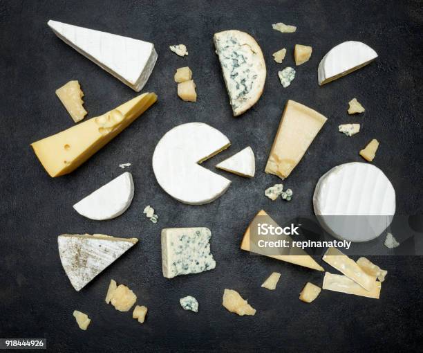 Various Types Of Cheese Parmesan Brie Roquefort Cheddar Stock Photo - Download Image Now