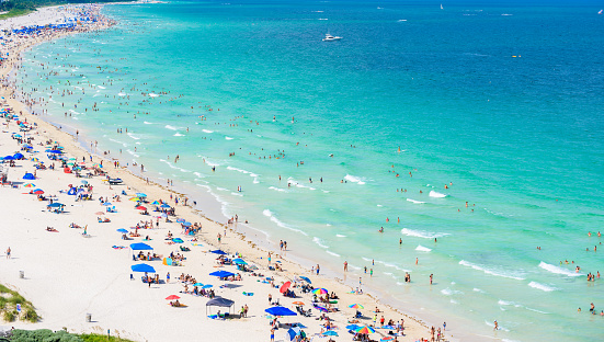 South Beach, Miami Beach. Tropical and Paradise coast of Florida, USA. Aerial view. Travel destination for vacation.