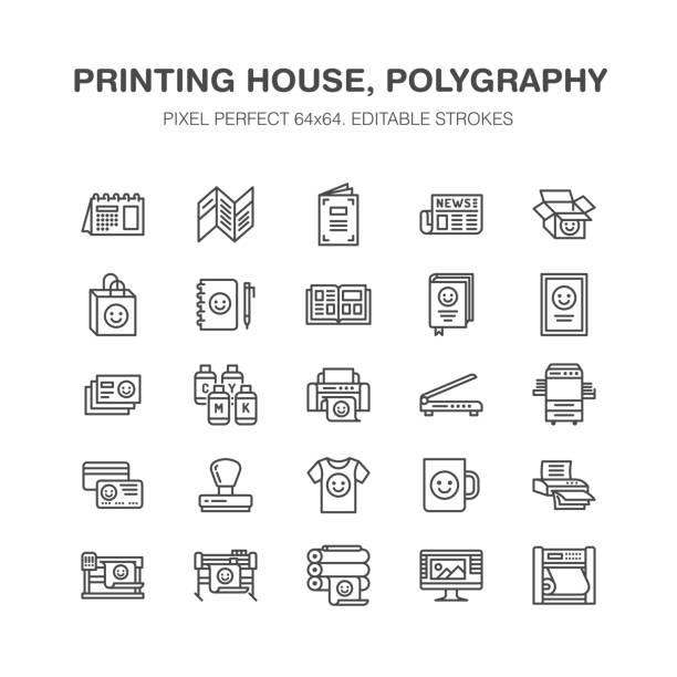 haus flache linie symbole drucken. drucken sie ladenausstattung -, drucker, scanner, offset-maschine, plotter, broschüre, stempel. dünne lineare zeichen für polygrafie büro, typografie. pixel perfect 64 x 64 - printout stock-grafiken, -clipart, -cartoons und -symbole