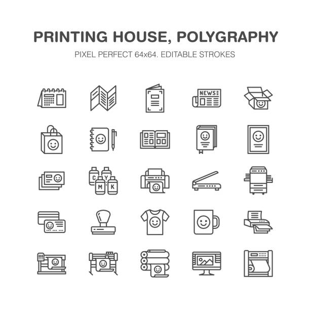 drukarnia płaskie ikony linii. sprzęt drukarski - drukarka, skaner, offset, ploter, broszura, stempel gumowy. cienkie liniowe znaki do biura poligrafii, typografii. pixel doskonały 64x64 - printout stock illustrations