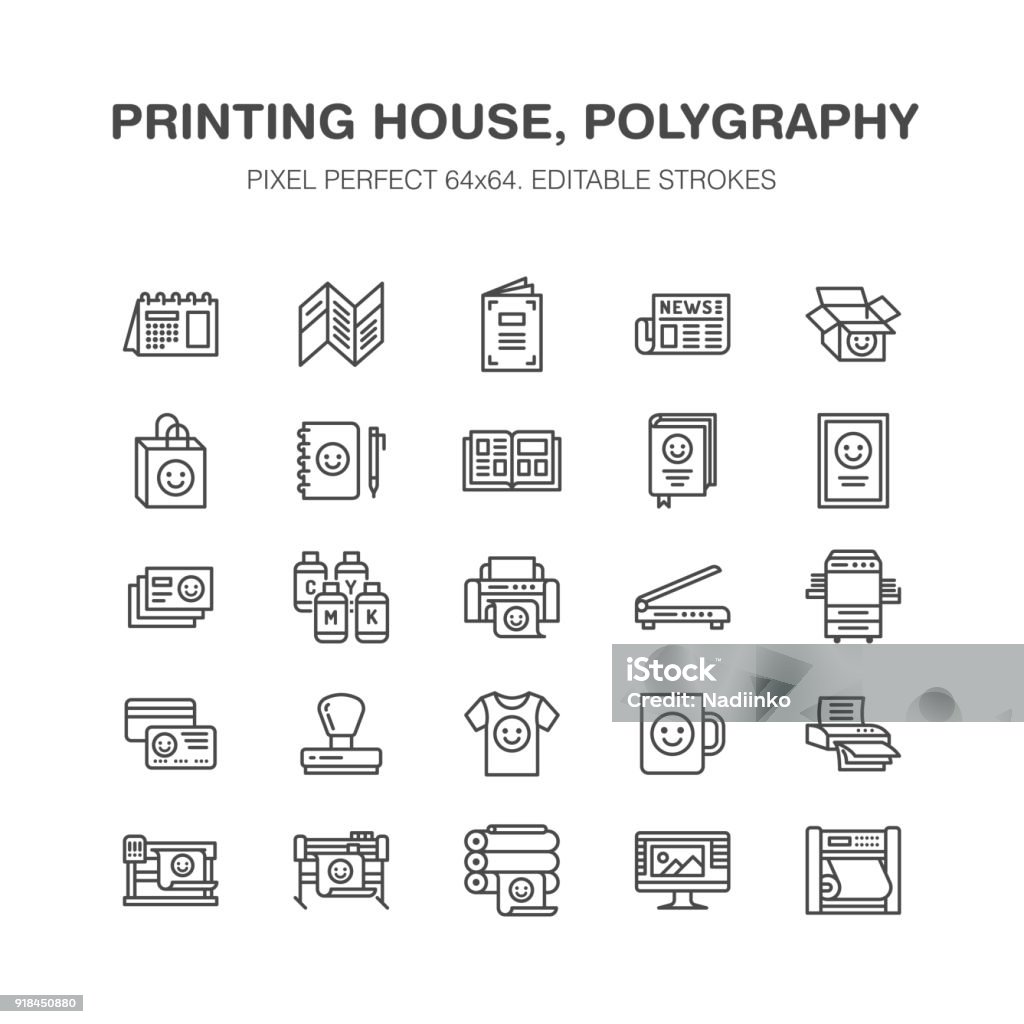 Printing house flat line icons. Print shop equipment - printer, scanner, offset machine, plotter, brochure, rubber stamp. Thin linear signs for polygraphy office, typography. Pixel perfect 64x64 Printing house flat line icons. Print shop equipment - printer, scanner, offset machine, plotter, brochure, rubber stamp. Thin linear signs for polygraphy office, typography. Pixel perfect 64x64. Icon Symbol stock vector