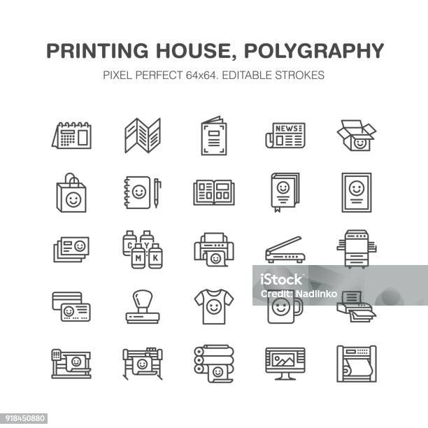Printing House Flat Line Icons Print Shop Equipment Printer Scanner Offset Machine Plotter Brochure Rubber Stamp Thin Linear Signs For Polygraphy Office Typography Pixel Perfect 64x64 Stock Illustration - Download Image Now