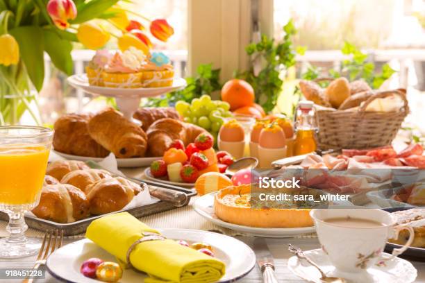 Table With Delicatessen Ready For Easter Brunch Stock Photo - Download Image Now - Easter, Brunch, Table