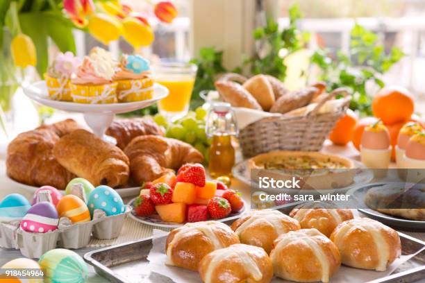 Table With Delicatessen Ready For Easter Brunch Stock Photo - Download Image Now - Easter, Brunch, Breakfast