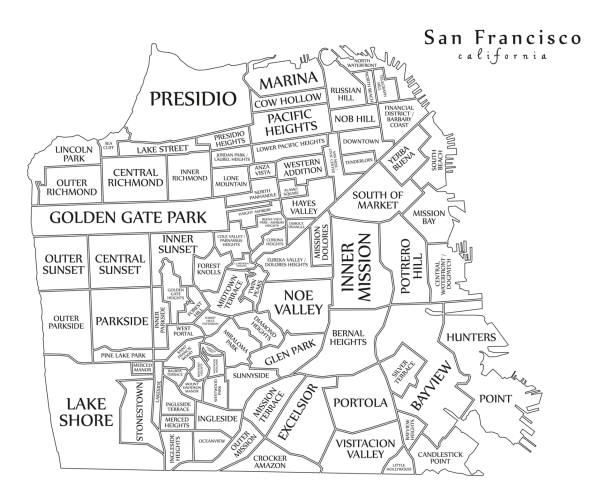 illustrazioni stock, clip art, cartoni animati e icone di tendenza di modern city map - san francisco città degli stati uniti d'america - map san francisco bay area san francisco county california