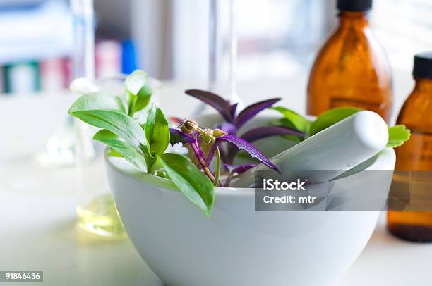 A White Mortar And Pestle With Fresh Herbs Inside Stock Photo - Download Image Now - Agriculture, Biodiesel, Biology